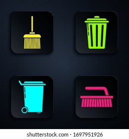 Set Brush for cleaning , Handle broom , Trash can  and Trash can . Black square button. Vector