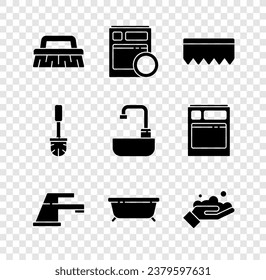 Set Brush for cleaning, Kitchen dishwasher machine, Sponge with bubbles, Water tap, Bathtub, Washing hands soap, Toilet brush and Washbasin water icon. Vector