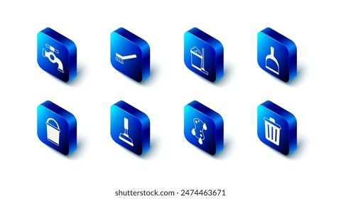 Set Cepillo para la limpieza, Fregona y cubo, Cubo de polvo, Papelera, Esponja, Émbolo de goma, Cubo e icono de grifo de agua. Vector