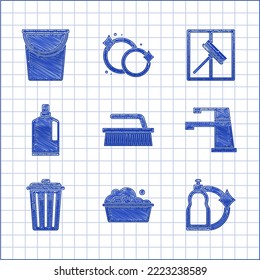 Set Brush for cleaning, Plastic basin with soap suds, bottles liquid dishwashing liquid, Water tap, Trash can, Squeegee, scraper, wiper and Bucket icon. Vector