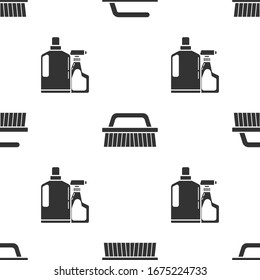 Set Brush for cleaning , Brush for cleaning  and Plastic bottles for liquid dishwashing liquid on seamless pattern. Vector