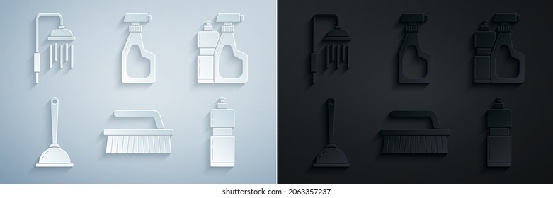 Set Brush for cleaning, Plastic bottles liquid dishwashing liquid, Toilet plunger, Cleaning spray with detergent and Shower head water drops flowing icon. Vector