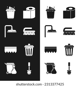 Set Brush for cleaning, Shower head, Bucket with soap suds, Toilet paper roll, Sponge bubbles, Trash can, brush and and garbage bag icon. Vector