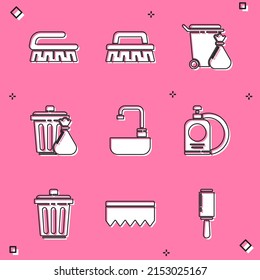 Set Brush for cleaning, Trash can and garbage bag, Washbasin with water tap, Dishwashing liquid bottle plate,  and Sponge bubbles icon. Vector