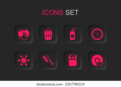 Set Brush for cleaning, Trash can, Sponge, Clock, Washing dishes, Antibacterial soap and Bacteria icon. Vector