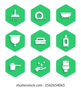Set Brush for cleaning, Washing hands with soap, Toilet bowl, Bottle agent, powder, Menstrual cup, Bathtub and Shower head icon. Vector