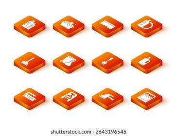 Set Brush for cleaning, Wet floor and progress, Rubber plunger, Trash can garbage bag, Water tap, Toilet brush, Kitchen dishwasher machine and Fabric softener icon. Vector
