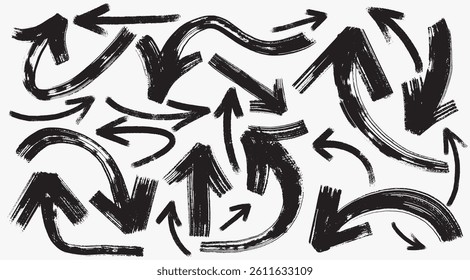 Set of brush, crayon drawn thin and thick arrows. Hand drawn doodle  thick arrows in different directions. Grunge line arrow featuring diverse shapes, directions, and styles. Design arrow vector.