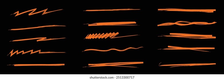 Set of brush crayon highlight underline symbol collection. Handwritten through drawn strikethrough emphasis squiggle swoosh underline vector illustration.