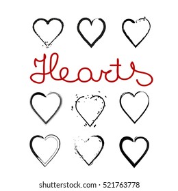 Set of brush drawing heart shapes design 