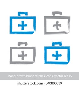 Set of brush drawing simple blue first aid kit, medicine icons created with real hand-drawn ink brush scanned and vectorized, freehand strokes icons. 