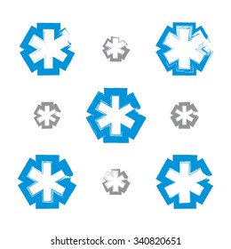 Set of brush drawing simple blue ambulance symbols, collection of medicine icons created with real hand-drawn ink brush scanned and vectorized. 