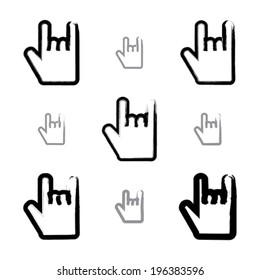 Set of brush drawing simple vector rock on icons, hand-painted rocker symbols isolated on white background. Collection of rock hand gestures created with real hand-drawn ink brush.