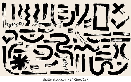 Set of brush drawn circles, black curved lines. Thick geometric brush strokes. Wavy, curly lines, round shapes, vector shapes. Template dark bold stripes, abstract forms. Geometric elements vector.