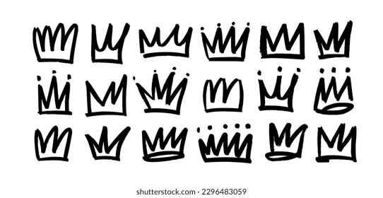 Set brush drawn crowns diadems icons  Doodle diadems collection  Queen royal tiaras vector elements isolated white  Hand drawn king crown charcoal sketches 