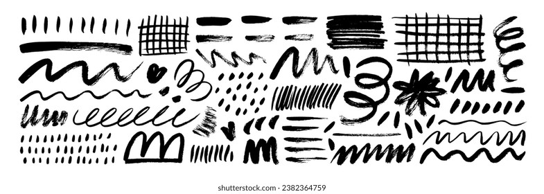 Conjunto de formas de doodle dibujadas con pincel y diferentes trazos de lápiz dibujados a mano. Dibujos vectores de carbón vegetal. Líneas esquemáticas de estilo Doodle, rejillas, puntos lluviosos, pinceladas giratorias. Símbolos de carbón vegetal para diagramas.