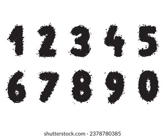 Set of brush drawn numbers, vector graphics, spray elements. Texture brushes. Vector