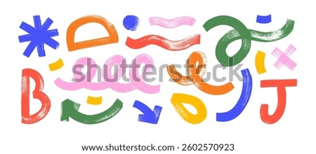 Set of brush drawn organic geometric funky shapes and lines. Squiggles, wavy bold lines, arrow and colorful funky figures. Hand drawn vector kid geometric shapes for collages, contemporary bold design