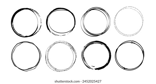 Set of brush, grunge, hand drawn circle round frames. Vector collection.