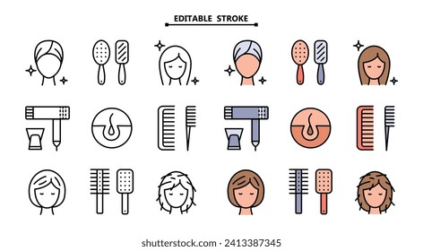 Set of brush and hairbrush stock icons set. Editable Stroke. Care and maintain healthy hair symbols. Condition improvement, combing, and use of shampoo, conditioner, line icons.