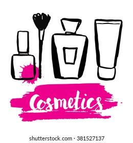 Set brush hand drawn cosmetics. Cream,  perfume, brush, nail polish. Calligraphy. Ink. Lettering. Sketch. Handwritten Inscription. Glamour accessories. Icons. 