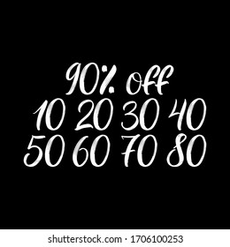 Juego de letras dibujadas a mano con los números y % Off en fondo negro. Plantillas de diseño para la venta, viernes negro, carteles de compras