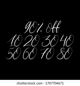 Juego de letras dibujadas a mano con los números y % Off en fondo negro. Plantillas de diseño para la venta, viernes negro, carteles de compras