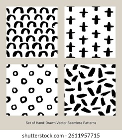 set of brush hand drawn seamless patterns, vector ornaments for wrapping paper, wall decoration, black and white, minimal