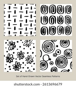set of brush hand drawn seamless patterns, vector ornaments for wrapping paper, wall decoration, black and white, minimal