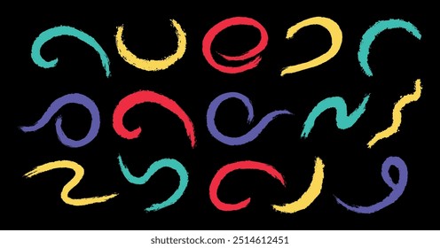 Pinselsatz in handgezeichnetem Stil. Grunge Textur Form. Trendy Elemente. Naive Noten. Vektor. Einzeln. Symbol.  Pinsel. Tinte. Holzkohle und Buntstifte. Zeichnen. Schreibstift. Wirbel und Kurve