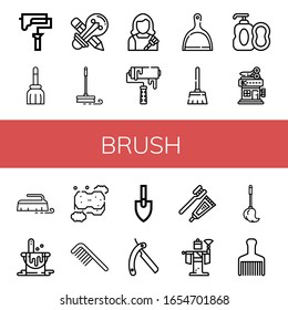 Set of brush icons. Such as Paint roller, Broom, Creative design, Mop, Housekeeper, Roller, Dustpan, Soap, Barbershop, Brush, Paint bucket, Sponge, Comb, Trowel , brush icons
