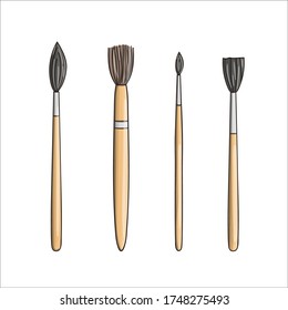 Set of brush icons. Vector colored stationery, writing materials, office or school supplies isolated on white background. Cartoon style