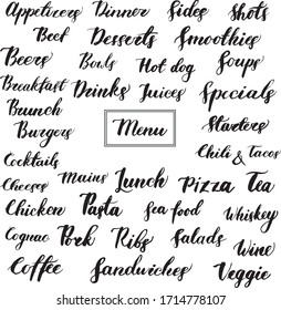 Set of brush lettering words for food menu. Handwritten overlay text for logo, menu, poster, banner, invitation, party, billboard, bar, cafe, restaurant, hotel. Calligraphy graphic elements.