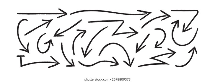 Set of Brush, marker drawn thin arrows set. Collection of hand drawn doodle thick arrows in different directions - stock vector.