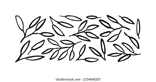 Set of brush painted small leaves with branches. Hand drawn vector botanical elements. Linear monochrome herbs, ink drawing wild plants. Abstract rough twig, leaves or sprig. Vector ink illustration.