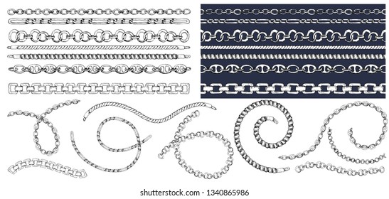 Set of brush patterns with retro hand-drawn sketch chain on dark background. Drawing engraving texture. Great design for fashion, textile, decorative frame, yacht style card. Vector illustration