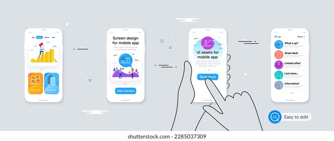 Set von Symbolen für Pinsel, Qualität und Offene Türen. Telefonische Schnittstelle. Einschließlich Leuchtturm, Online-Dokumentation, Inventarsymbole für Großkunden. Vektorgrafik