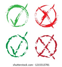 Set of brush red X and green tick check marks, approval signs design. Stroke X and green OK symbol icons in round check boxes. New check list grunge marks, choice options, test, quiz or survey signs.
