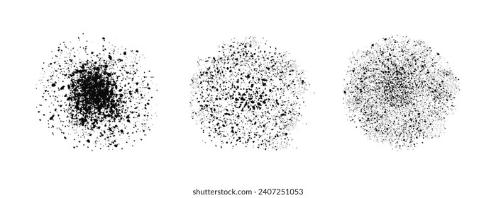 Conjunto de efecto de la muesca del pincel sobre la forma del círculo, aislado tres texturas sucias y onduladas diferentes. Elementos sucios y granulados de polvo redondo. Textura de mancha dura, ruido de rociado. Elementos sucios y duros. Vector 