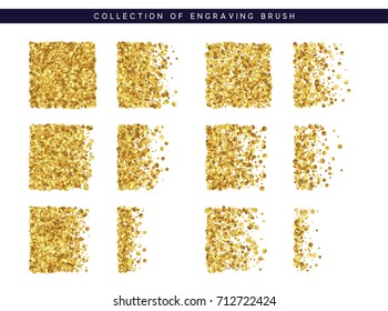 Set of brush stipple gold pattern for design. Dot texture. Spot shade engraving retro to create brushes.