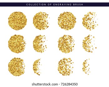 Set of brush stipple gold pattern for design. Dot texture. Spot shade engraving retro to create brushes.