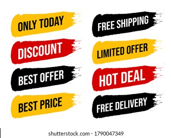 Set brush stripe with advertising slogans about the discount. Vector illustration. Best offer price only today with discount and free shipping. Limited offer label isolated on white.