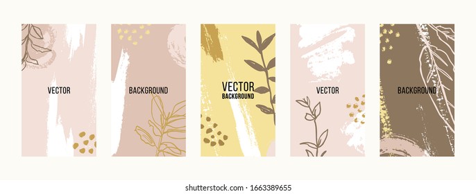Establecer los fondos de pincel con elementos florales. Resumen de fondos de escritorio móviles en plantillas de estilo de collage mínimo contemporáneo para historias en medios sociales. Ilustración vectorial en color pastel