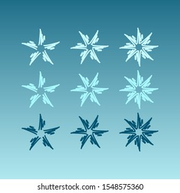 Set of brush stroke dark and light blue snowflake icon on sky background. Symbol of winter, cold and holidays. Simple winter elements for events, cards, wrapping paper and print. Vector illustration.