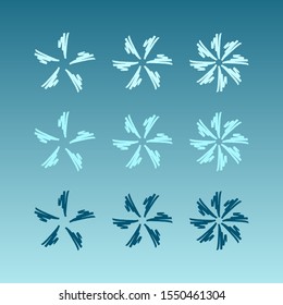 Set of brush stroke dark and light blue snowflake icon on sky background. Symbol of winter, cold and holidays. Simple winter elements for events, cards, wrapping paper and print. Vector illustration.