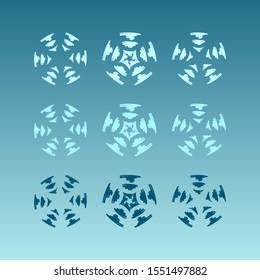 Set of brush stroke dark and light blue snowflake icon on sky background. Symbol of winter, cold and holidays. Simple winter elements for events, cards, wrapping paper and print. Vector illustration.