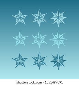 Set of brush stroke dark and light blue snowflake icon on sky background. Symbol of winter, cold and holidays. Simple winter elements for events, cards, wrapping paper and print. Vector illustration.