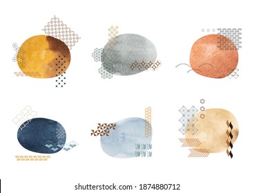 Set of brush stroke elements vector. Asian icons with Japanese pattern. Abstract banners with flowing liquid shapes. Template for logo design with watercolor texture decoration.