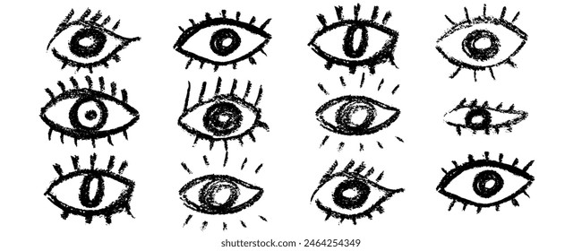 Set con pinceladas de ojos . Vector dibujado a mano partes humanas de rostros Elementos, varios ojos abiertos. Icono de la visión de la tinta negra, símbolo del oftalmólogo del grunge dibujado a mano, colección áspera de los ojos del pincel del trazo