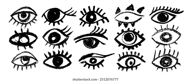 Definido com olhos de traçado de pincel. Vetor desenhado à mão partes humanas de faces elementos, vários olhos abertos. Ícone de visão de tinta preta, símbolo do oftalmologista grunge desenhado à mão, coleção de olhos de carvão desenhados.